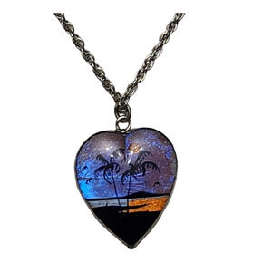 Vtg Morpho Butterfly  Reverse Painted Palm Tree Sterling Heart  Necklace